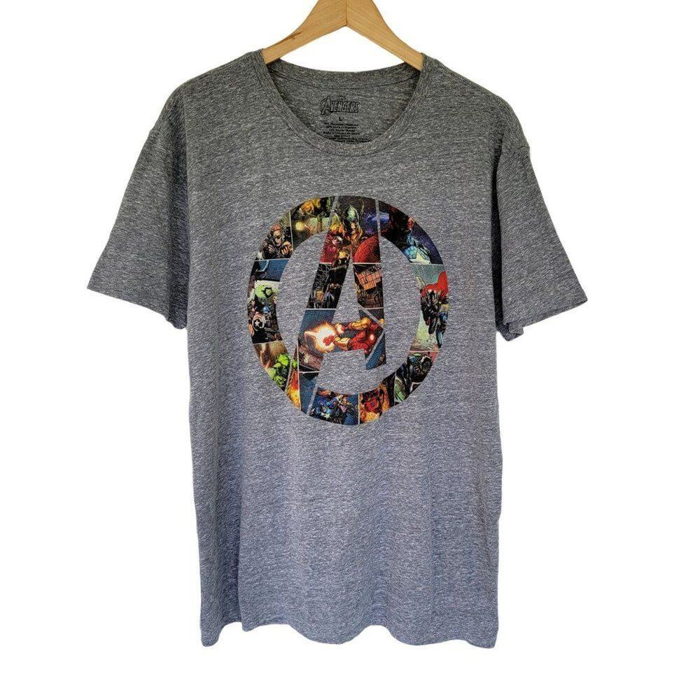 Marvel Avengers Cast Logo Graphic T Shirt Men s Size L Heather Gray Short Sleeve